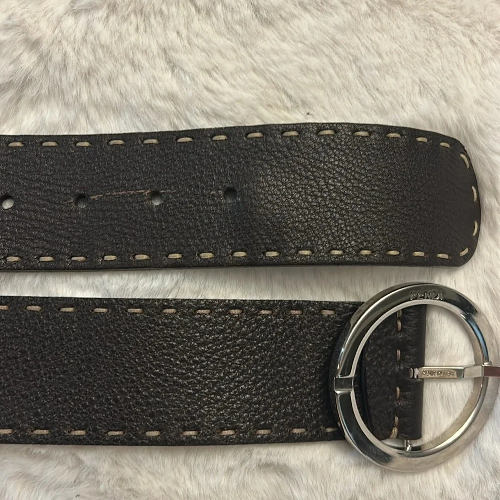 Fendi Dark Brown Leather Belt with Silver Round Buckle